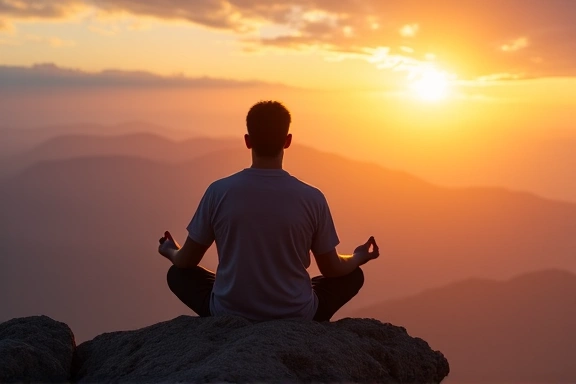 Muškarac meditira na planinskom vrhu
